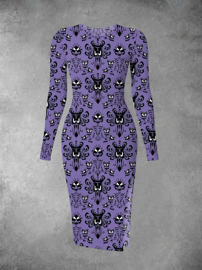 Women's Vintage Halloween Print Long Sleeve Crew Neck Midi Dress