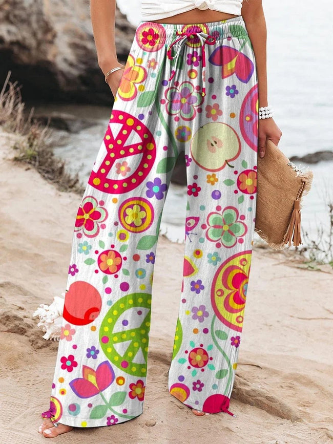 Women's Retro Hippie Peace Floral Art Printed Casual Pants
