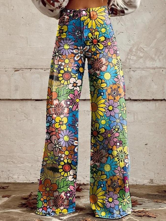 Women's Retro Hippie Flower Print Casual Wide Leg Pants