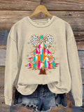 Retro Colorful Coquette Glitter Christmas Tree Print Sweatshirt