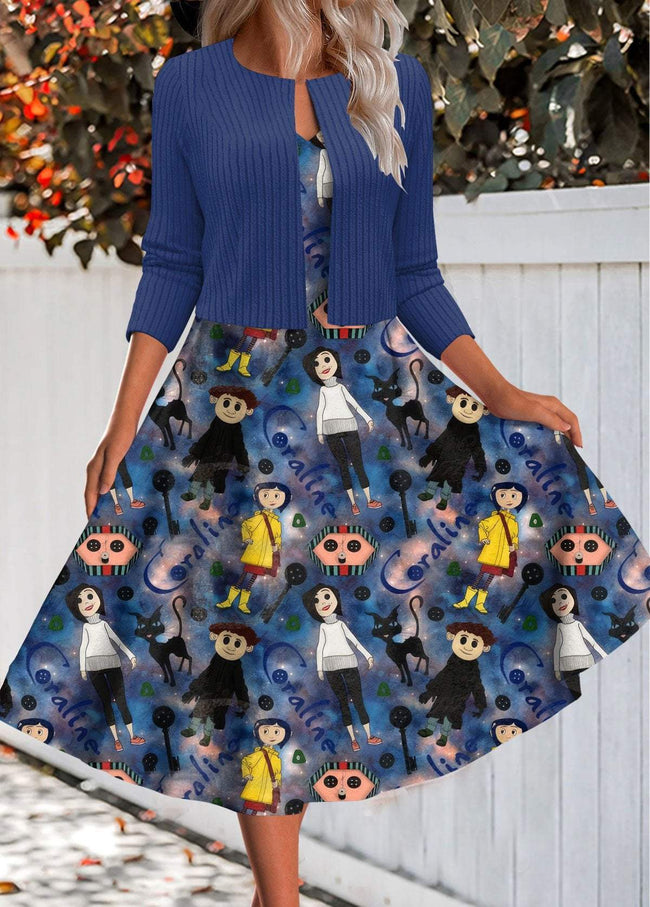 Vintage Dark Cartoon Print Two Piece Dress and Cardigan