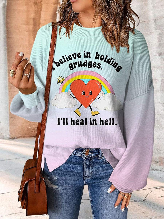 I Believe Print Casual Knit Pullover Sweater