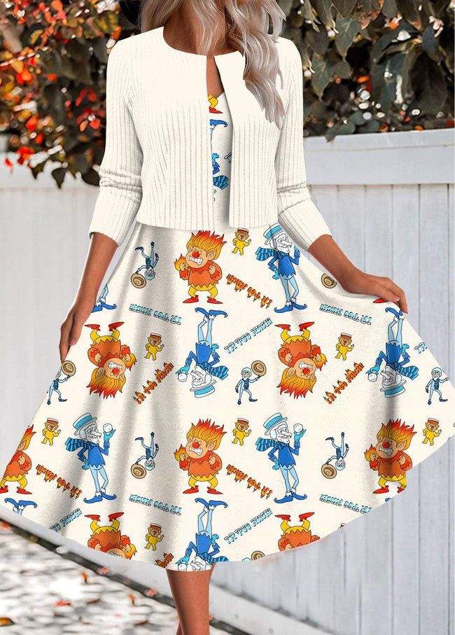 Vintage Christmas Cartoon Print Two Piece Dress and Cardigan