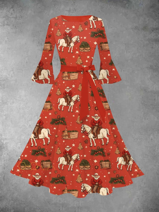 Women's Vintage Santa Riding Print Cocktail Sleeve Midi Evening Dress