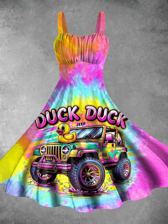 Vintage Tie Dye Duck Print Backless Dress