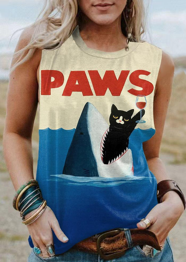 Vintage Funny Shark and Black Cat Print Tank Top