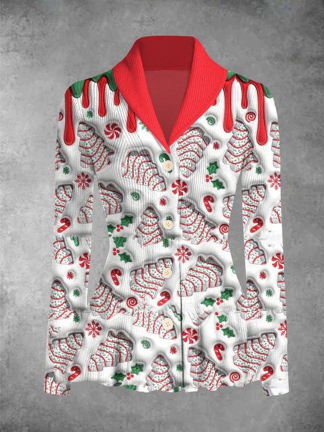 Vintage Christmas Cake Three-Dimensional Print Cardigan Sweater Outwear Coat