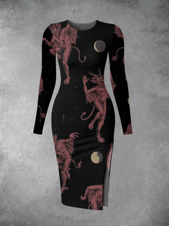 Women's Vintage Dancing Demon Print Long Sleeve Crew Neck Midi Dress