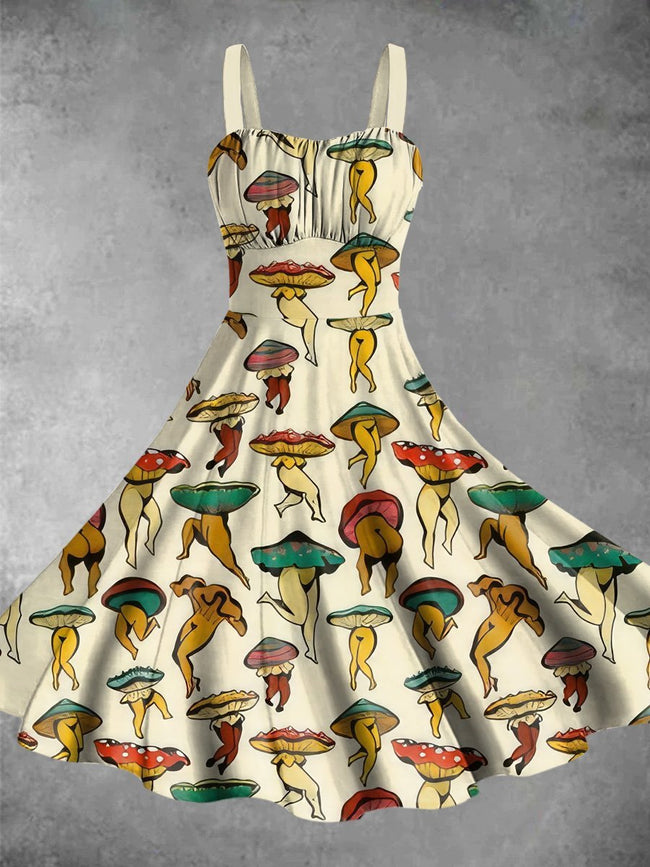 Vintage Mushroom Dance Print Backless Dress