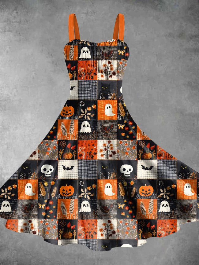 Vintage Ghost  Halloween Print Backless Dress