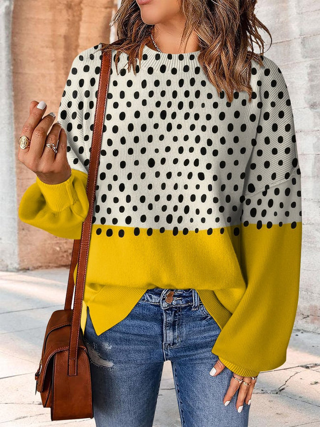 Colorful Yellow and White Abstract Art Print Casual Knit Pullover Sweater