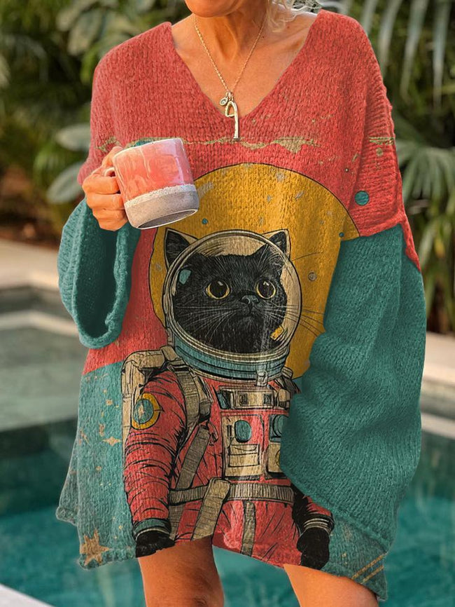 Black Cat Astronaut Color Block Art Print Casual Pullover Sweater