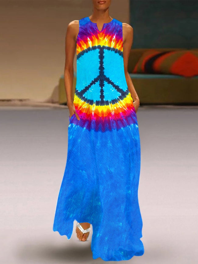 Retro Hippie Tie Dye Print V-Neck Maxi Dress