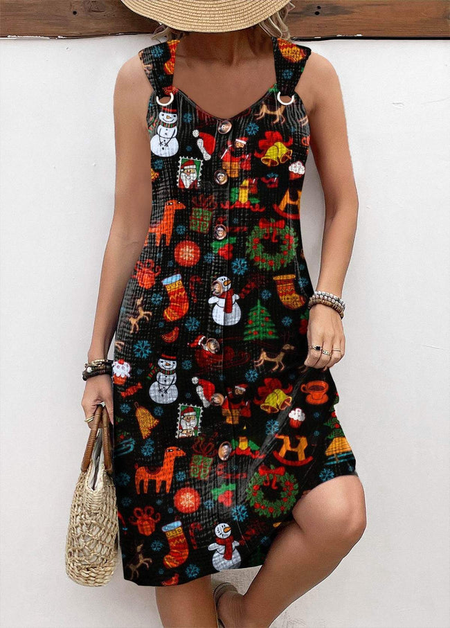 Vintage Christmas Gift Print Sleeveless V Neck Dress