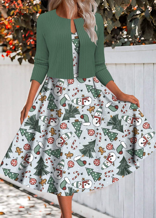 Vintage Christmas Print Two Piece Dress and Cardigan