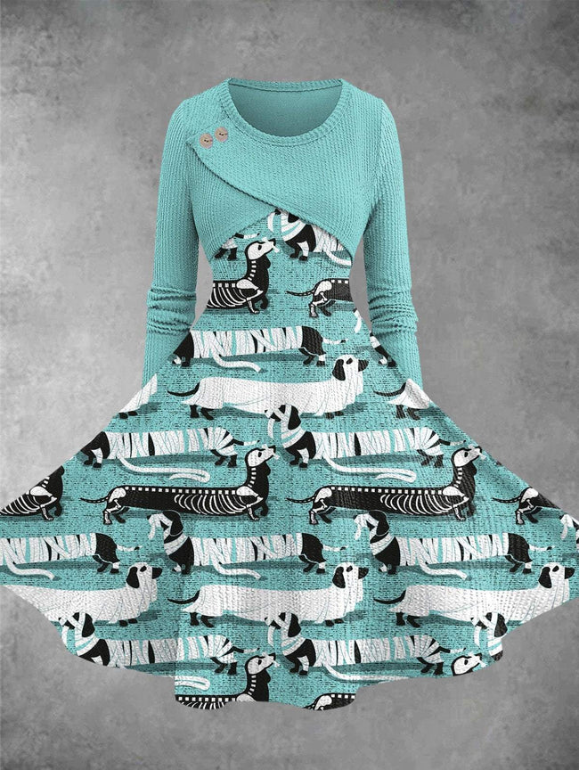 Women's Vintage Spooktacular Long Dachshunds Print Knitted Fake-Two Dresses