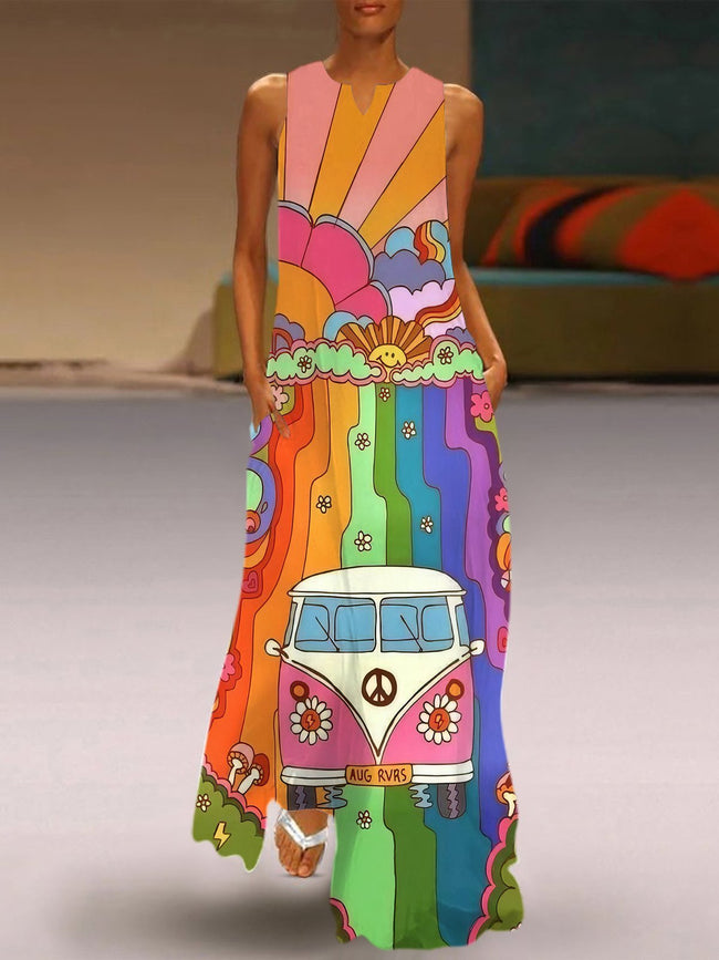 Vintage Colorful Hippie Print V-Neck Maxi Dress
