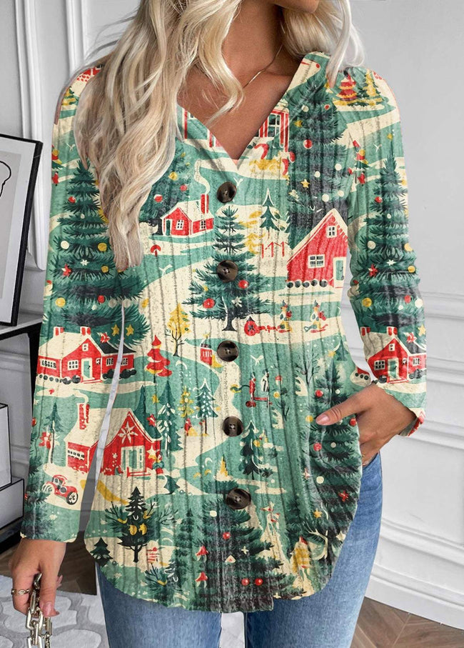 Vintage Christmas House Print Button Long Sleeve Hooded Coat