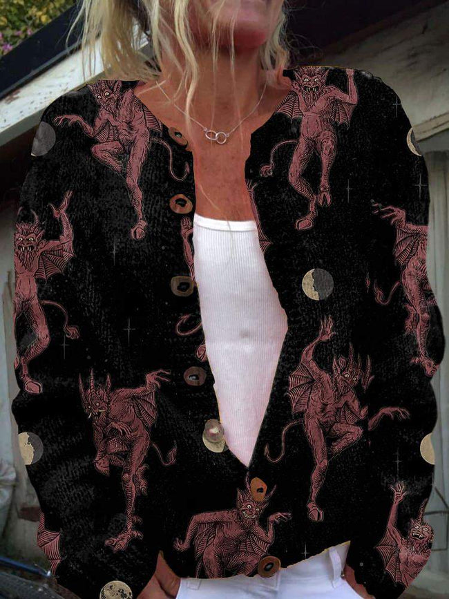 Vintage Dancing Demon Print Buttoned Cardigan Sweater