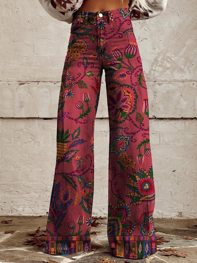 Hippie Style Embroidered Stitch Effect Floral Pattern Women's Printed Casual Wide Leg Pants