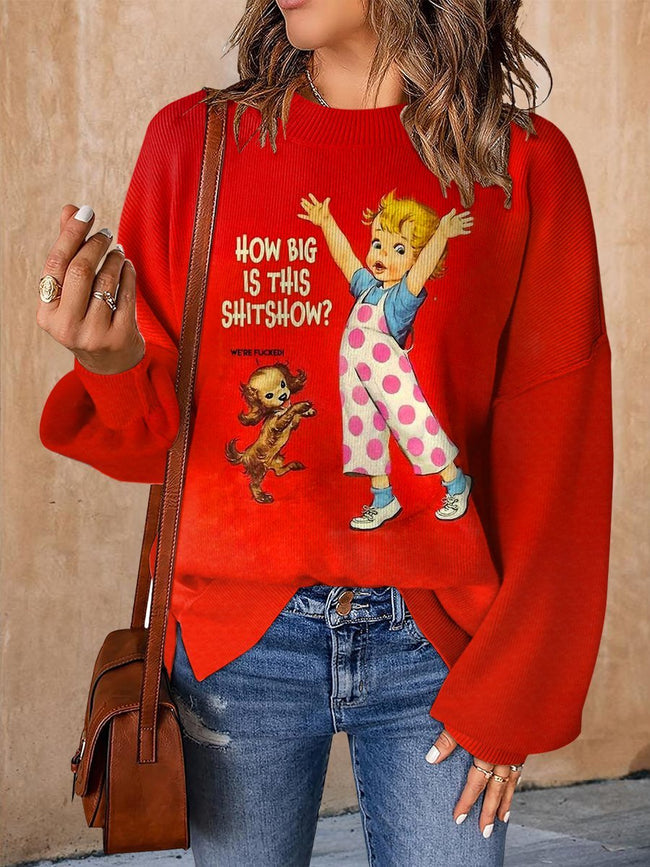 Retro Funny Art Print Casual Knit Pullover Sweater