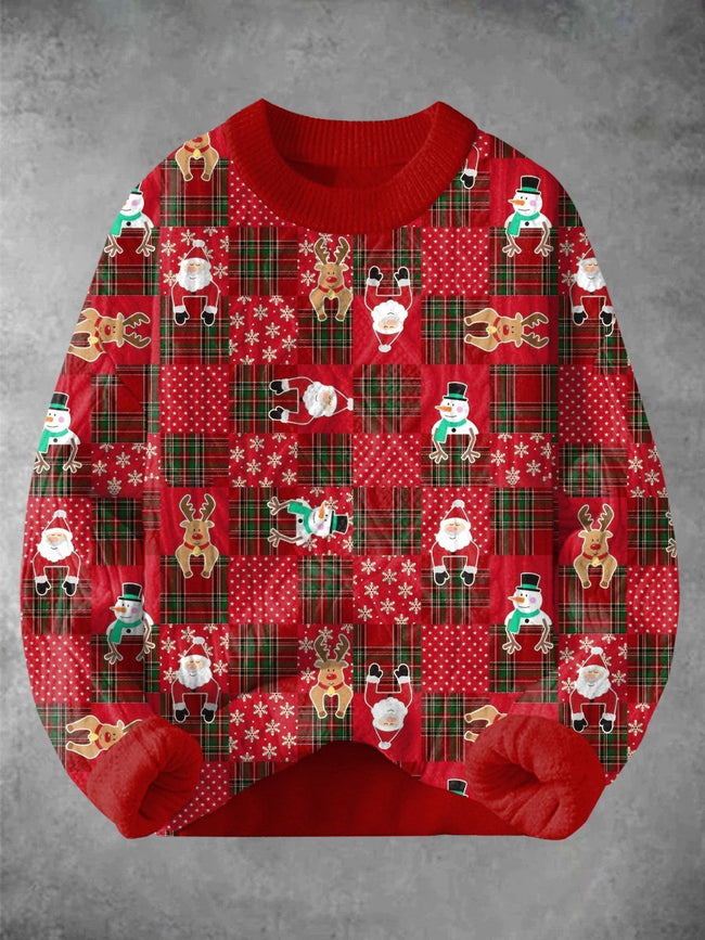 Vintage Christmas and the Snowman Print Knitted Woven Crewneck Pullover