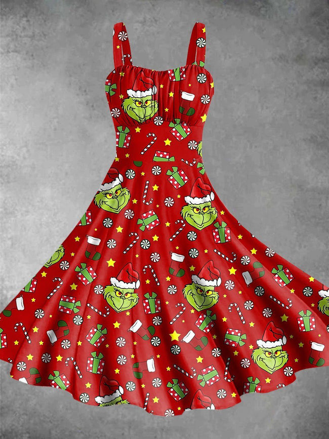 Vintage Christmas Print Backless Dress