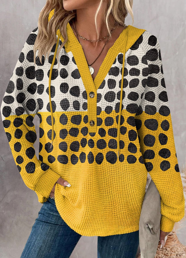 Women's Yellow Color-blocked Dots Print Waffle V Neck Long Sleeve Pullover Sweatshirt Hooded Tops