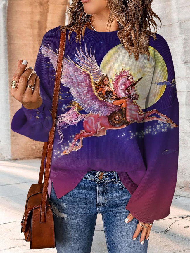 Flying Horse Mount Print Casual Knit Pullover Sweater