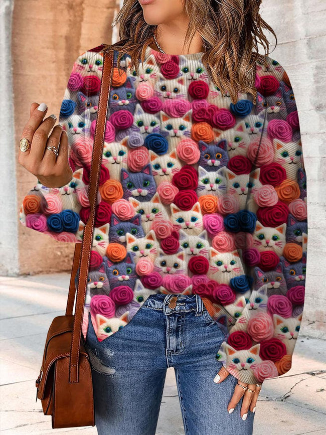 Colorful Cat Embroidery Print Casual Knit Pullover Sweater