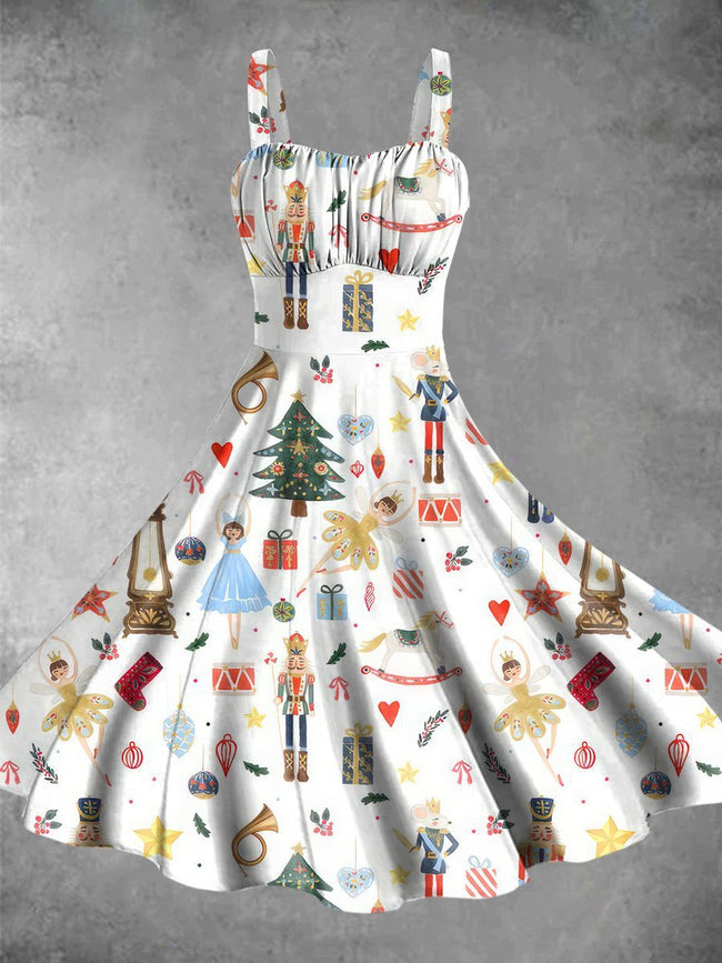 Vintage Christmas Nutcracker Print Backless Dress