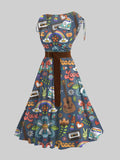Cinched Shoulder Surplice Plunge Belted Sleeveless Retro Hippie Style Print Midi Dress