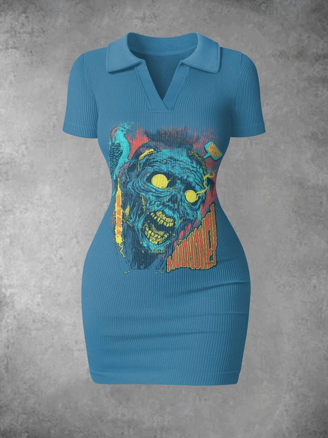 Women's Vintage Blue Rotting Zombies Halloween Print Ribbed Bodycon Mini Dress