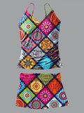 V-Neck Retro Hippie Paisley Pattern Splicing Print Suspender Skirt Tankini Pantskirt Set Swimsuit