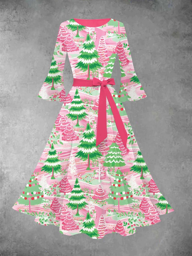 Women's Vintage Christmas Trees Print Cocktail Sleeve Midi Evening Dress