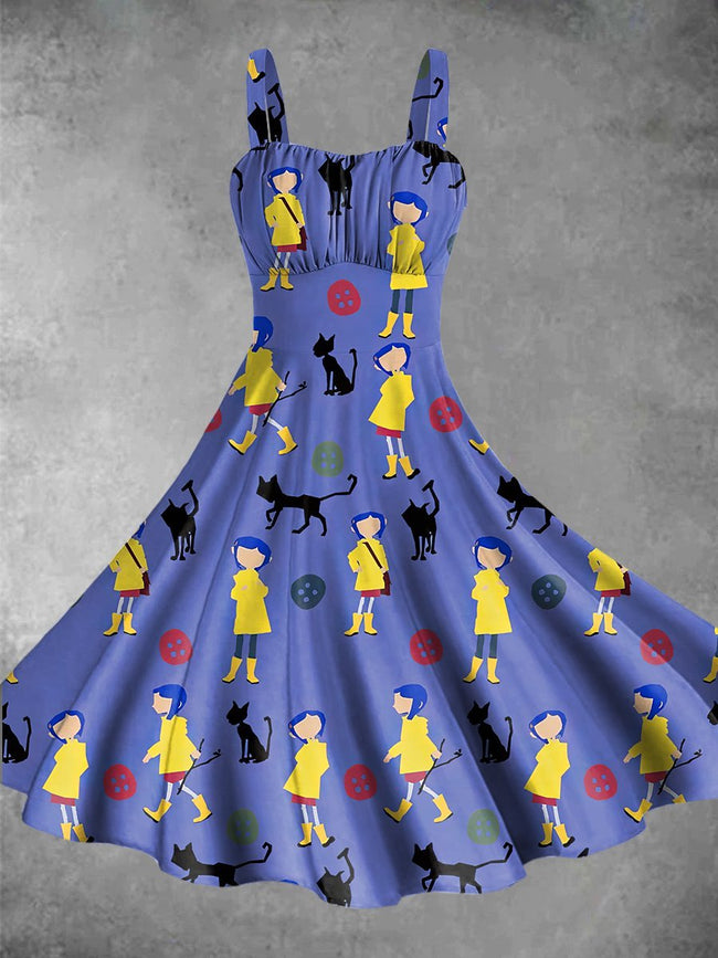 Vintage Cute Cartoon Print Backless Dress