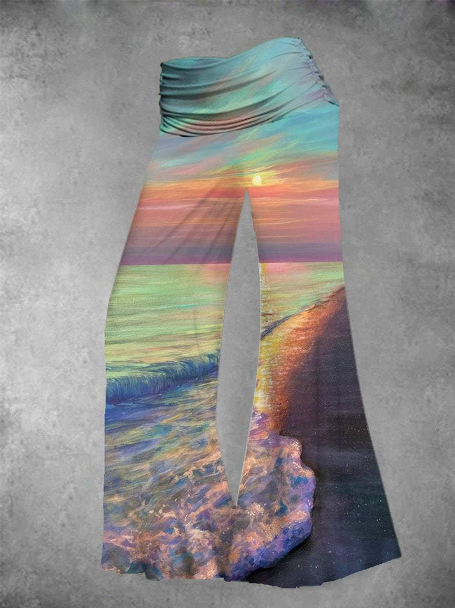 Women's Vintage Rainbow Beach Art Print Wide Leg Pants