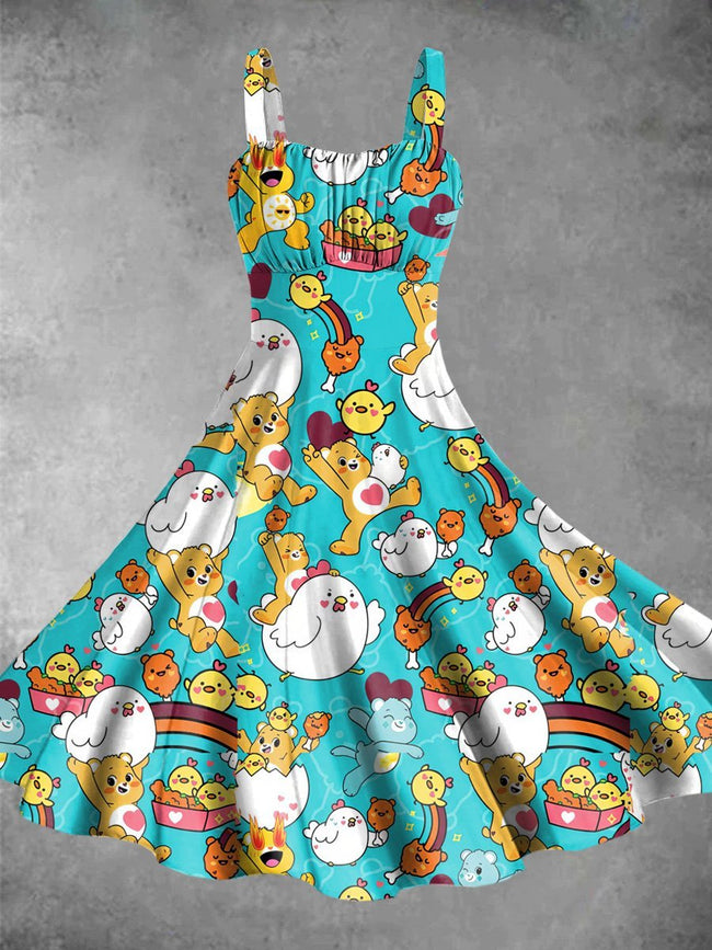 Vintage The Bear And The Chicken Print Backless Dress