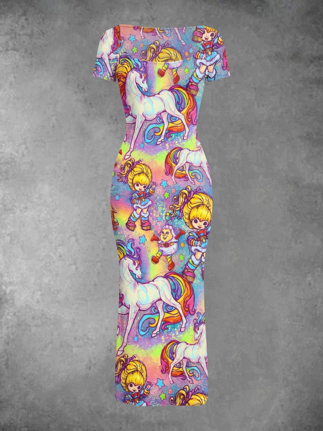 Vintage 1980s Rainbow Girl Print High Stretch Bodycon Maxi Dress