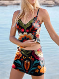 V-Neck Black Retro Ethnic Flowers Print Suspender Skirt Tankini Pantskirt Set Swimsuit