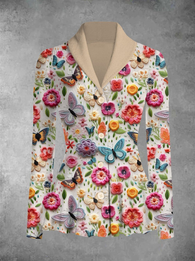 Vintage Embroidery Life Print Cardigan Sweater Outwear Coat