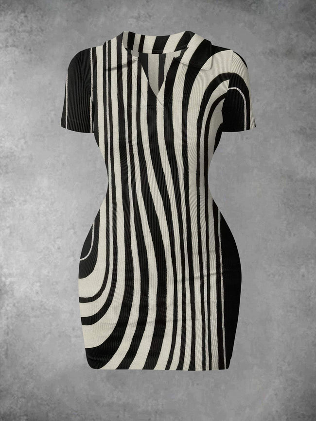 Women's Vintage Stripe Art Print Ribbed Bodycon Mini Dress