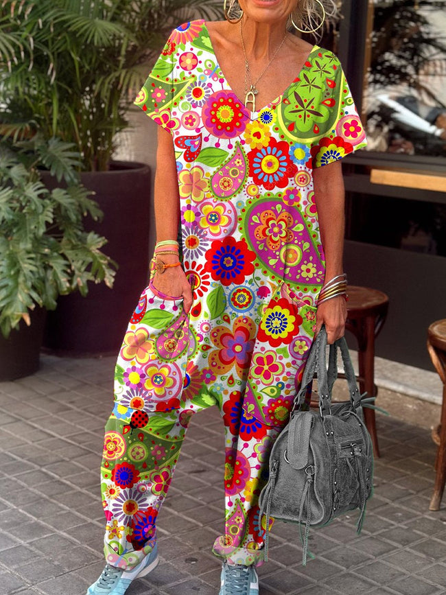 Women's Retro Hippie Florals Paisley Pattern Print Casual 100% Cotton Wide Leg Jumpsuit