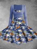 Women's Vintage Believe Polar Express Print Two-Piece Dress