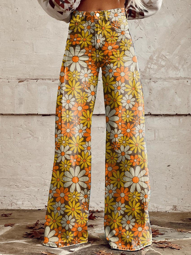 Women's Retro Flower Print Casual Wide Leg Pants