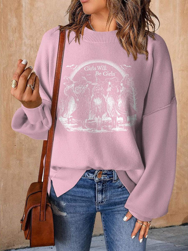 Girls Will Be Girls Halloween Witch Print Casual Knit Pullover Sweater