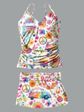 V-Neck Retro Hippie Peace Multicolor Print Suspender Skirt Tankini Pantskirt Set Swimsuit