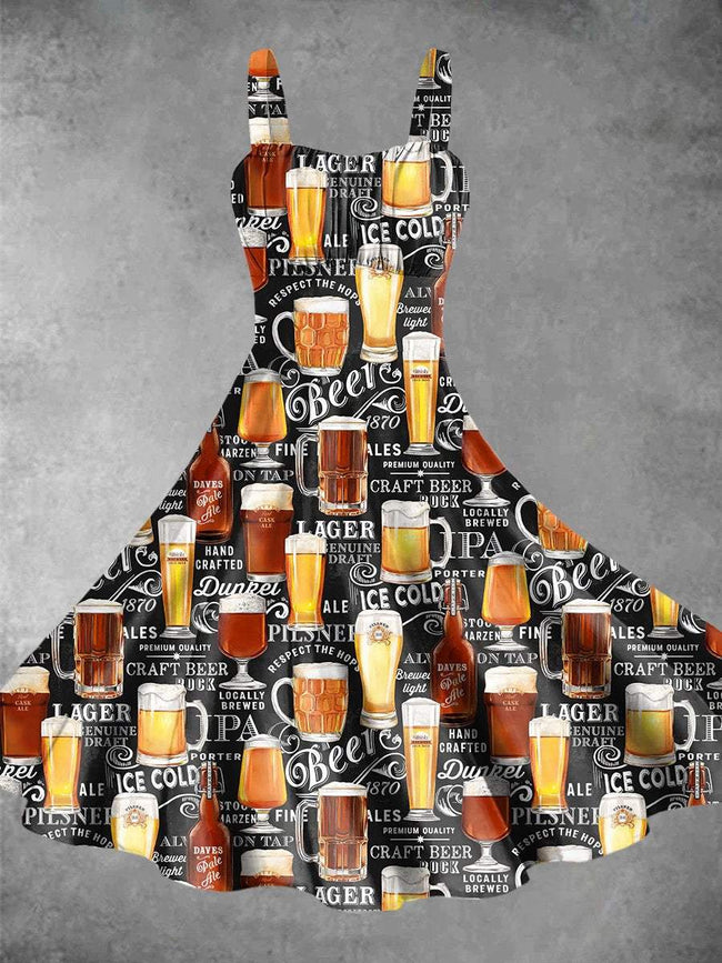 Vintage Beer Print Backless Dress