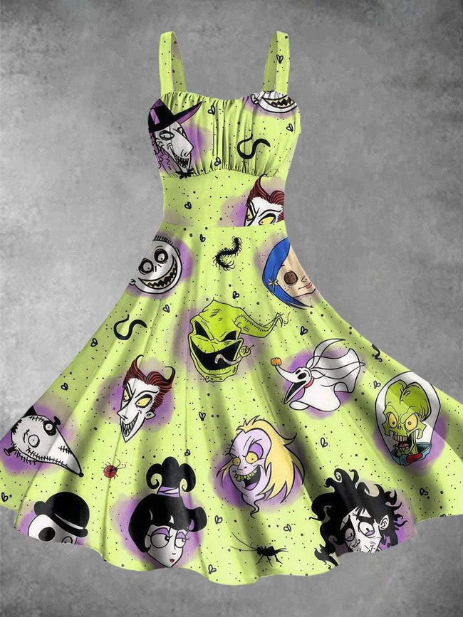 Vintage Halloween Nightmare Print Backless Dress