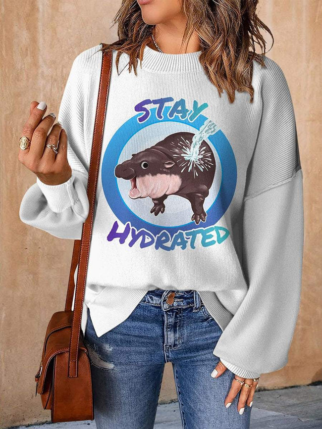 Moo-Deng Pygmy Hippo Print Casual Knit Pullover Sweater